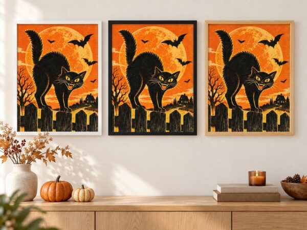 Същата ретро картина с черна котка в бяла, черна и дървена рамка на стена в стая Същата ретро картина с черна котка в бяла, черна и дървена рамка на стена в стая