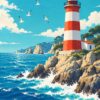 Ретро картина с фар: червено-бял фар на скали, чайки и синьо море Ретро картина с фар: червено-бял фар на скали, чайки и синьо море