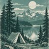 Ретро плакат къмпинг: палатка край езеро между ели и заснежени върхове в петролено зелено