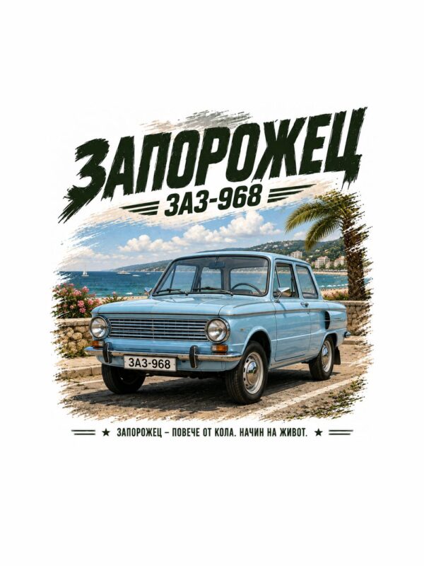 Ретро постер Запорожец ЗАЗ-968: светлосиня кола на крайбрежна алея