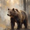 Кафява мечка, обърната наляво, на горска поляна в златна мъгла