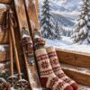 Стари дървени ски с щеки и чифт плетени чорапи със снежинки пред стена от трупи