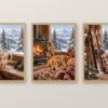 Сет картини уютна зимна хижа: чаша какао, куче до печка и стари ски с чорапи, окачени на стена