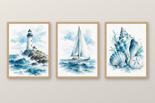 Сет морски картини: фар, платноходка и морски раковини в синьо на стена