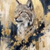 Реалистична глава на рис, обърната наляво, с черни кичури на ушите пред златен кръг