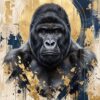 Реалистична глава на горила в анфас с черна козина и кафяви очи пред златен кръг, със златни люспи