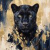 Реалистична глава на черна пантера в анфас с жълто-зелени очи пред златен кръг, със златни стичания