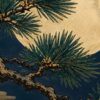 Детайл: кичури иглички със златен контур и кората на клона пред долния край на луната